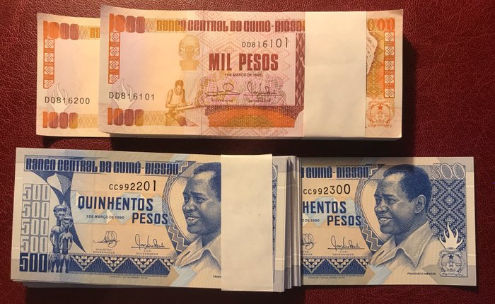 Guinea-Bissau. - 100 x 500, 1000 Pesos 1990, 1993 - original bundle - Pick 12, 13b  (Ingen mindstepris)