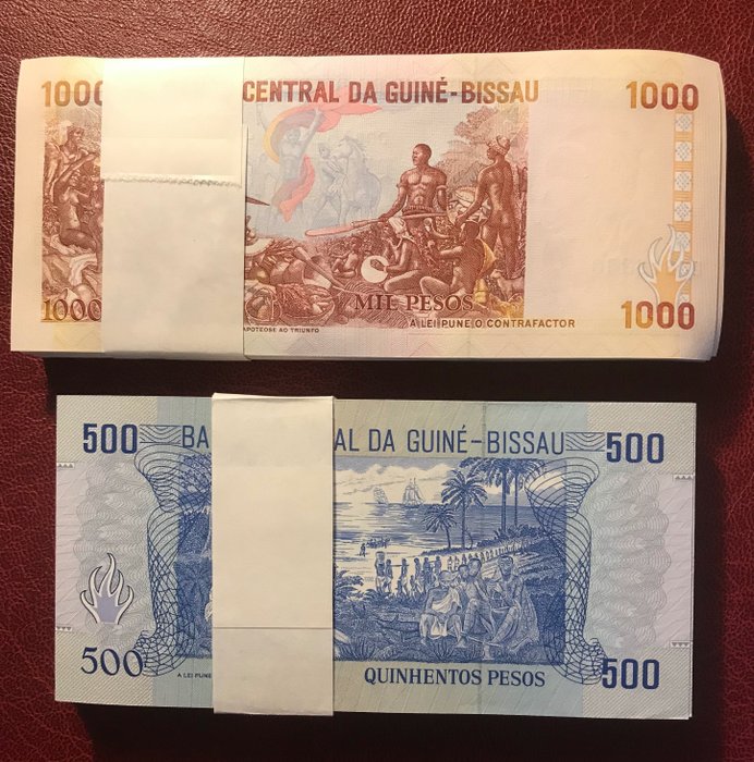 Guinea-Bissau. - 100 x 500, 1000 Pesos 1990, 1993 - original bundle - Pick 12, 13b  (Ingen mindstepris)