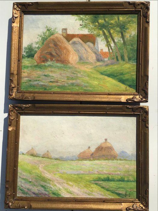 Faut Ernest (1879-1961) - Twee landschappen met hooioppers in het zonlicht