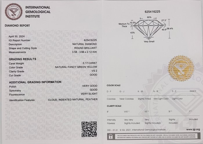 Ingen mindstepris - 1 pcs Diamant  (Naturfarvet)  - 0.17 ct - Rund - Fancy Grøn Gul - VS2 - International Gemological Institute (IGI)