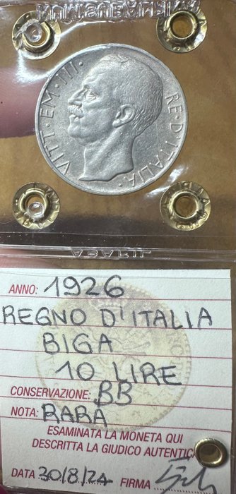 Kongeriget Italien. Vittorio Emanuele III. 10 Lire 1926 “Biga"