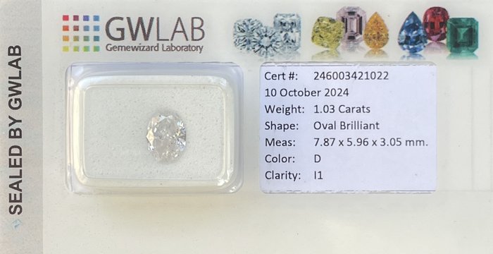 Ingen mindstepris - 1 pcs Diamant  (Natur)  - 1.03 ct - Oval - D (farveløs) - I1 - Gemewizard Gemological Laboratory (GWLab)