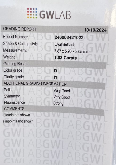 Ingen mindstepris - 1 pcs Diamant  (Natur)  - 1.03 ct - Oval - D (farveløs) - I1 - Gemewizard Gemological Laboratory (GWLab)