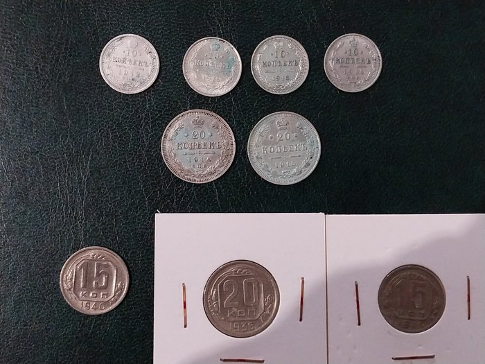 Rusland. A Collection of 9x Russian Imperial  Early Soviet Coins, much Silver 1910-1949  (Ingen mindstepris)