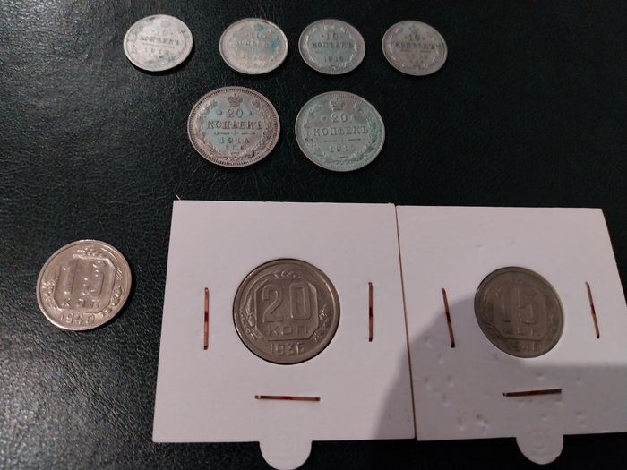 Rusland. A Collection of 9x Russian Imperial  Early Soviet Coins, much Silver 1910-1949  (Ingen mindstepris)