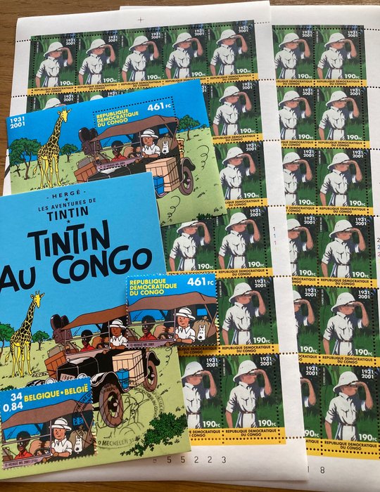 Belgisk Congo 2001 - Tintin i Congo: 2 komplette ark med pladenummer 12 og blok + stempel fra blok + MK Belgium - OBP/COB 2092 + BL205 + MK (Belgische zegel)