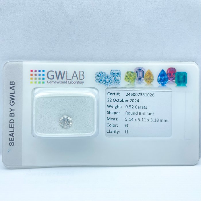 Ingen mindstepris - 1 pcs Diamant  (Natur)  - 0.52 ct - Rund - E - I2 - Gemewizard Gemological Laboratory (GWLab)