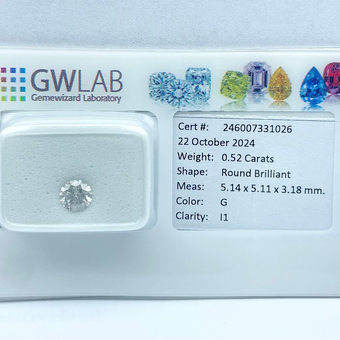 Ingen mindstepris - 1 pcs Diamant  (Natur)  - 0.52 ct - Rund - E - I2 - Gemewizard Gemological Laboratory (GWLab)