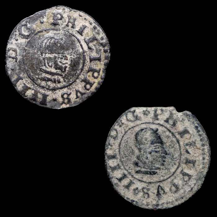 Spanien. Felipe IV (1621-1665). 8 y 16 Maravedís 1664 Sevilla R (2 monedas)  (Ingen mindstepris)