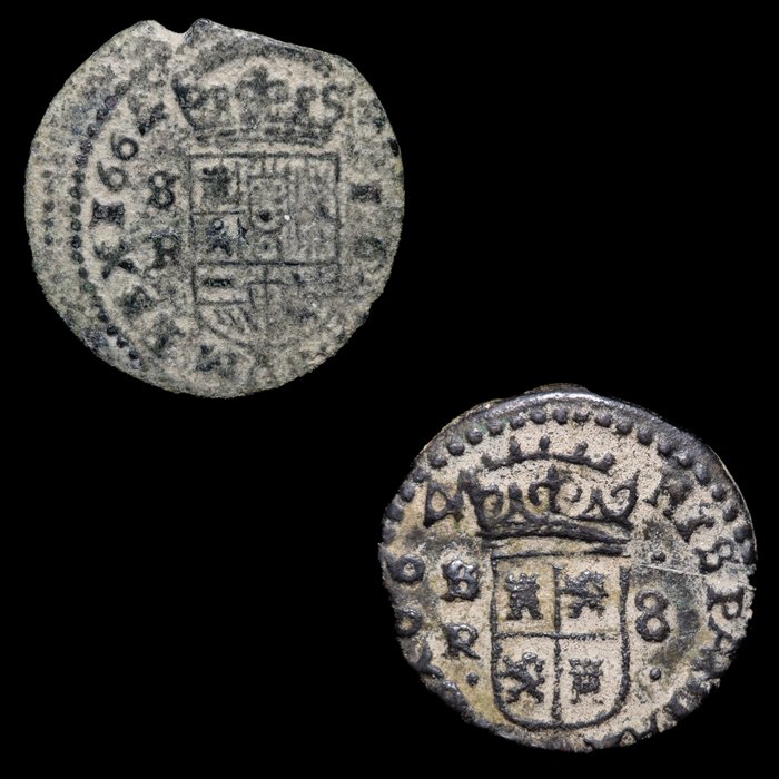 Spanien. Felipe IV (1621-1665). 8 y 16 Maravedís 1664 Sevilla R (2 monedas)  (Ingen mindstepris)