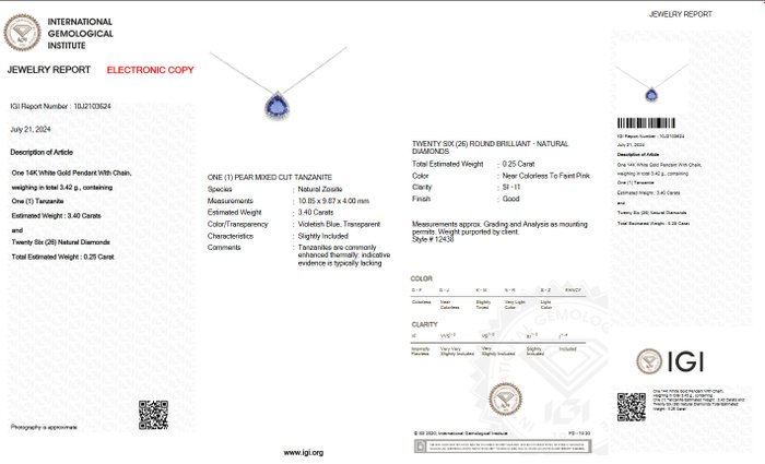 Ingen mindstepris - Halskæde med vedhæng - 14 karat Hvidguld -  3.65ct. tw. Tanzanit - Diamant - Pink - IGI