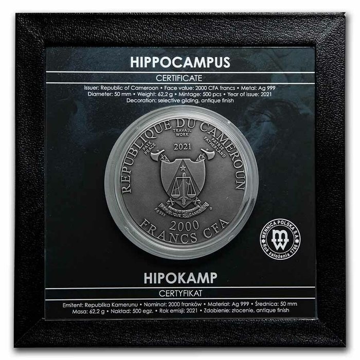 Cameroun. 2000 Francs 2021 Hippocampus - Antique Finish, 2 Oz (.999)