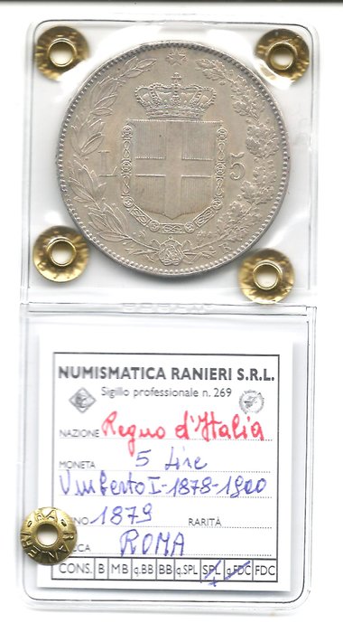 Italien, Kongeriget Italien. Umberto I di Savoia (1878-1900). 5 Lire 1879