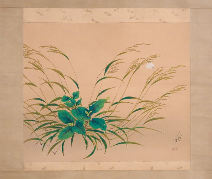 Grass and Butterfly - Hanging Scroll - with original wooden box - Hisaya 久也 - Japan  (Ingen mindstepris)