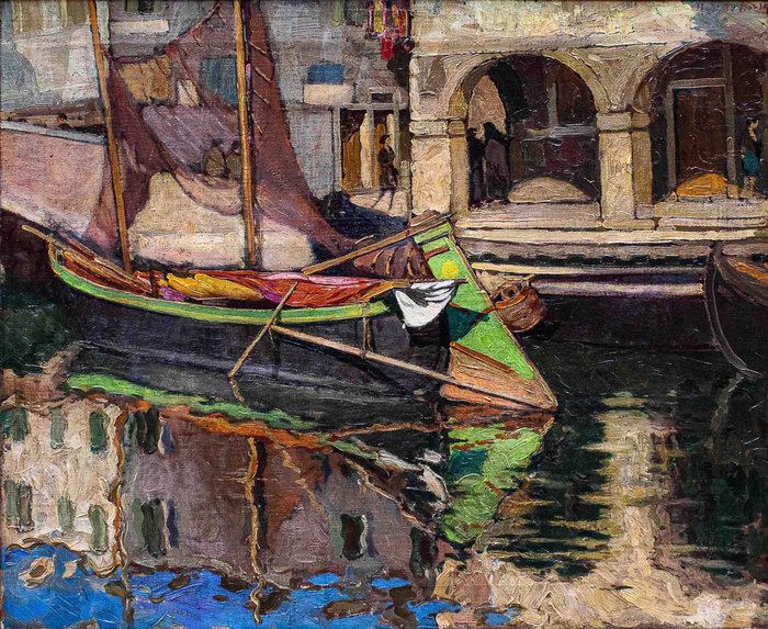 Roberto Borsa (1880-1965) - Scorcio di un canale di Chioggia con barca