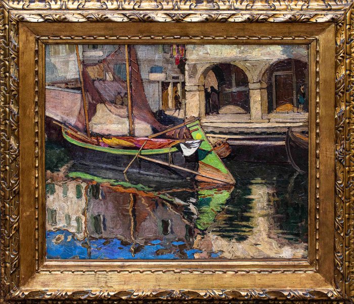 Roberto Borsa (1880-1965) - Scorcio di un canale di Chioggia con barca