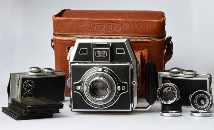 Bertram Munchen BCI 6x6 and 6x9 Camera met drie lenzen, filmplaten en 2x roll film Plaubel Storformat kamera