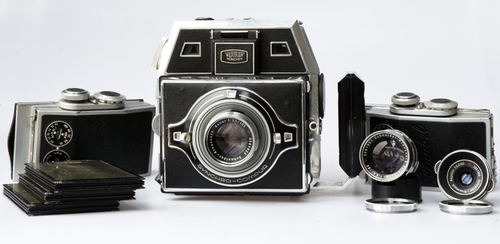 Bertram Munchen BCI 6x6 and 6x9 Camera met drie lenzen, filmplaten en 2x roll film Plaubel Storformat kamera