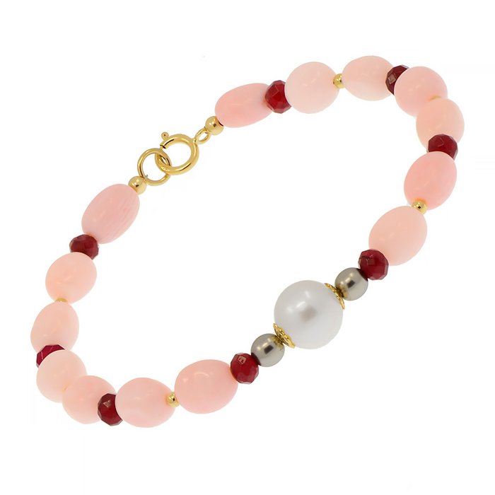 Ingen mindstepris - Armbånd - 18 kraat Gulguld Perle - Opal - Ruby - Akoya 8,4 mm