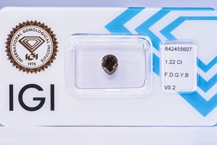 Ingen mindstepris - 1 pcs Diamant  (Naturfarvet)  - 1.22 ct - Pære - Fancy dark Grønlig, Gul Brun - VS2 - International Gemological Institute (IGI)