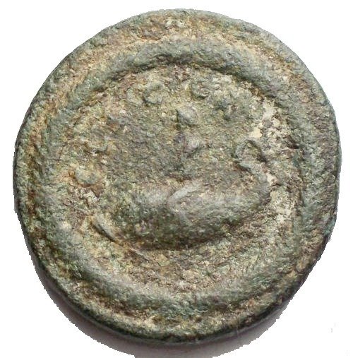 Corinthia Korinth Lucius Verus (AD 161-169) Æ - Melikertes-Palaimon lriding on back of dolphin swimming left within pinewreath