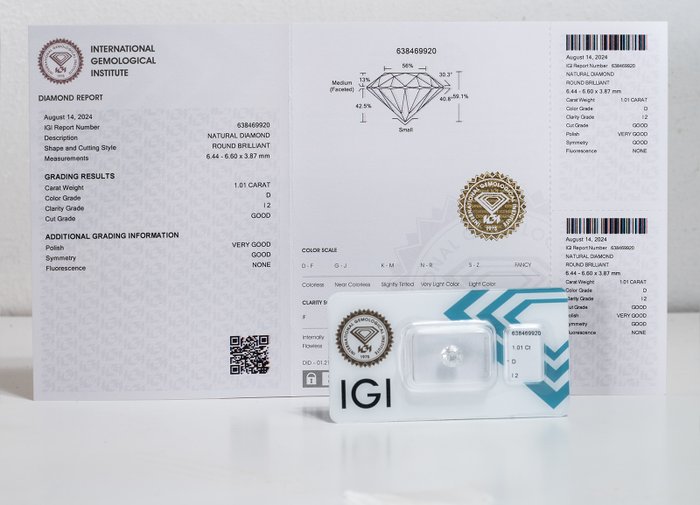 Ingen mindstepris - 1 pcs Diamant  (Natur)  - 1.01 ct - Rund - D (farveløs) - I2 - International Gemological Institute (IGI)