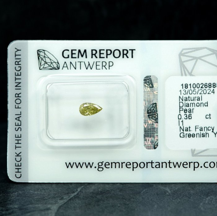 1 pcs Diamant  (Naturfarvet)  - 0.36 ct - Fancy Grønlig Gul - I1 - Gem Report Antwerp (GRA)