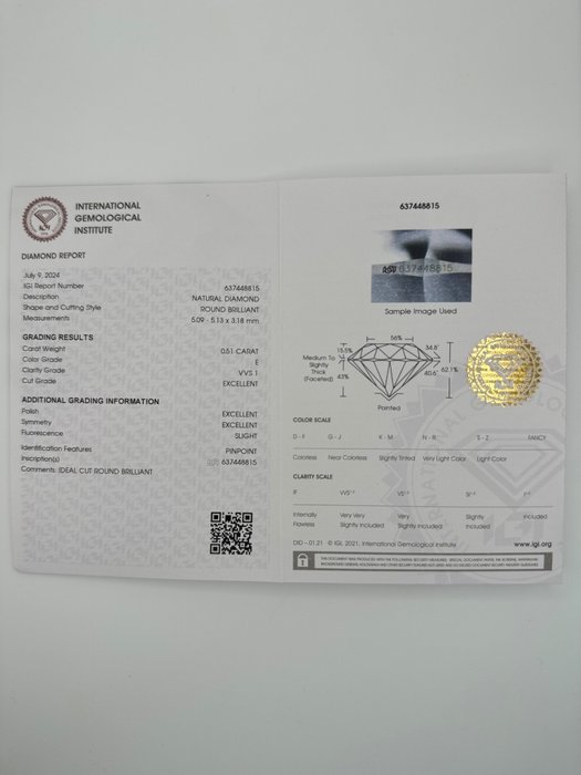 1 pcs Diamant  (Natur)  - 0.51 ct - Rund - E - VVS1 - International Gemological Institute (IGI) - *3EX* *IDEAL*