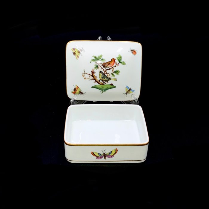 Herend - Large Rectangular Jewelry Holder/Box - "Rothschild Bird" Pattern - Fad - Håndmalet porcelæn