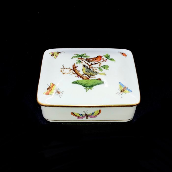 Herend - Large Rectangular Jewelry Holder/Box - "Rothschild Bird" Pattern - Fad - Håndmalet porcelæn