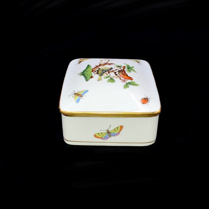 Herend - Large Rectangular Jewelry Holder/Box - "Rothschild Bird" Pattern - Fad - Håndmalet porcelæn