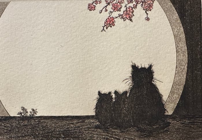 Cats Series: "Morning" 朝 - beautiful scene  Limited color edition /  Latest work 2024 - Norikane Hiroto 乗兼広人 (b 1949) - Japan