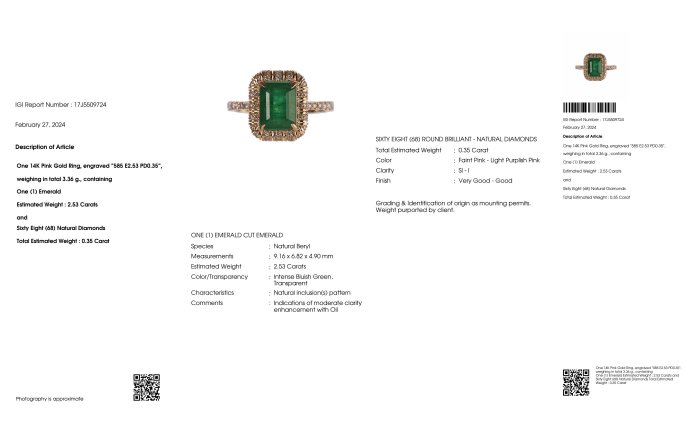 Ingen mindstepris - Ring - 14 karat Rosaguld -  2.88ct. tw. Smaragd - Diamant - IGI 2,53 ct Intens Green