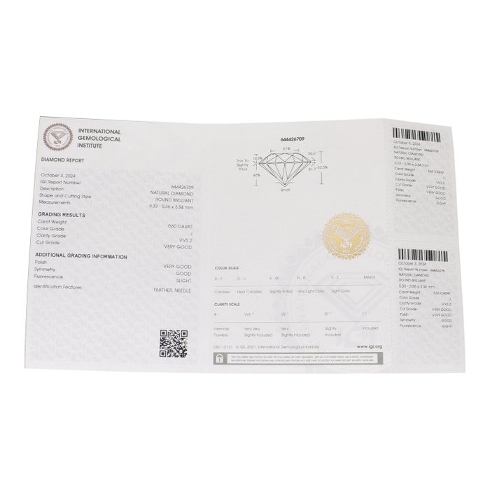 Ingen mindstepris - 1 pcs Diamant  (Natur)  - 0.60 ct - Rund - J - VVS2 - International Gemological Institute (IGI)