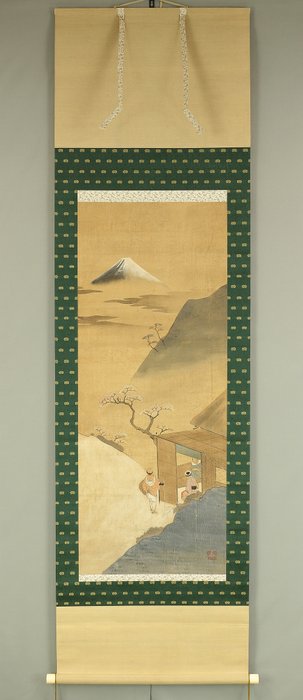 Mt Fuji Landscapes and People Taking a Break with Box - with Fuji seal' and made after Hokusai - Japan - Sene Edo-periode