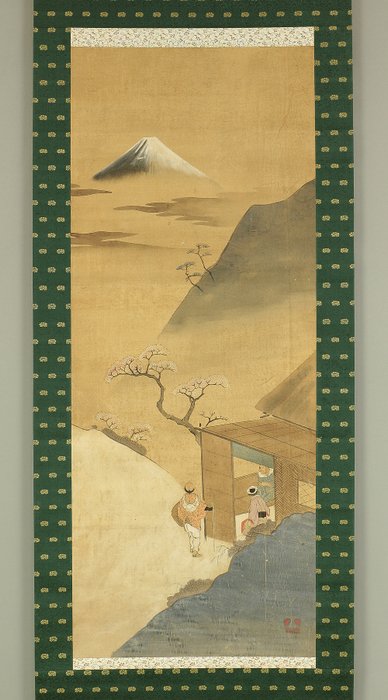 Mt Fuji Landscapes and People Taking a Break with Box - with Fuji seal' and made after Hokusai - Japan - Sene Edo-periode