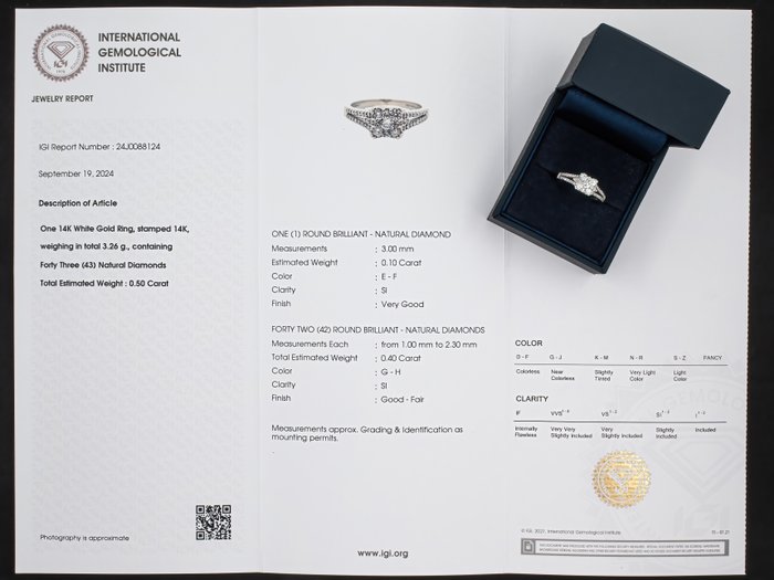 Ingen mindstepris - Ring - 14 karat Hvidguld, 0,50 ct diamanter - IGI certificeret -  0.50ct. tw. Diamant (Natur) - Diamant