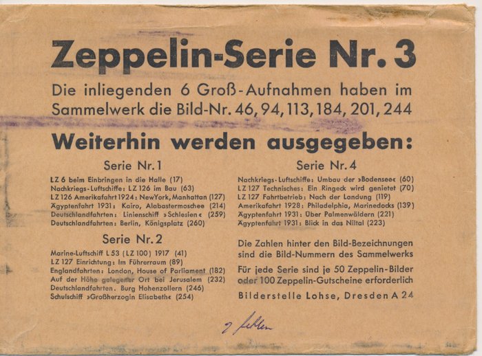 Tyske imperium - Zeppelin  - 5 billeder i ægte bromsølv i stort format fra "Zeppelin Series No. 3" med kuvert - Rückseitig mit Zudruck " Groß-Aufnahme aus der Serie Zeppelin Weltfahrten"