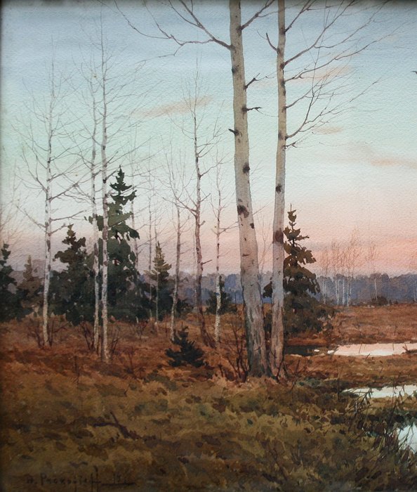 Dmitri von Prokoffieff / Prokofiev (1870 - 1944) - Russian landscape with birches in sunset