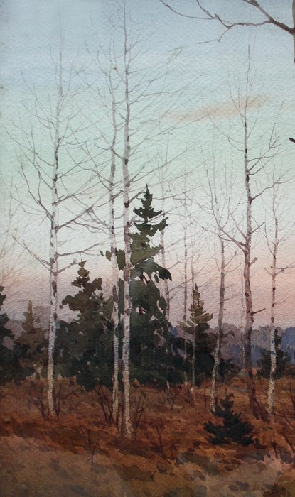 Dmitri von Prokoffieff / Prokofiev (1870 - 1944) - Russian landscape with birches in sunset