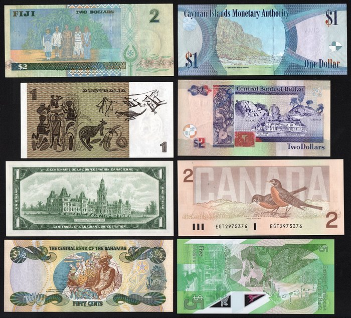 Verden. Commonwealth - 8 Banknotes, all with Queen Elizabeth II - various dates  (Ingen mindstepris)