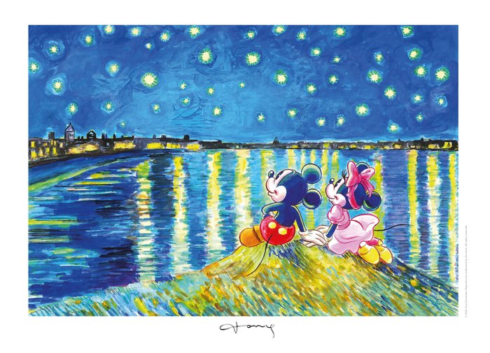 Tony Fernandez - Mickey  Minnie Inspired By Van Gogh's "Starry Night Over The Rhône" (1888) - Hand-Signed