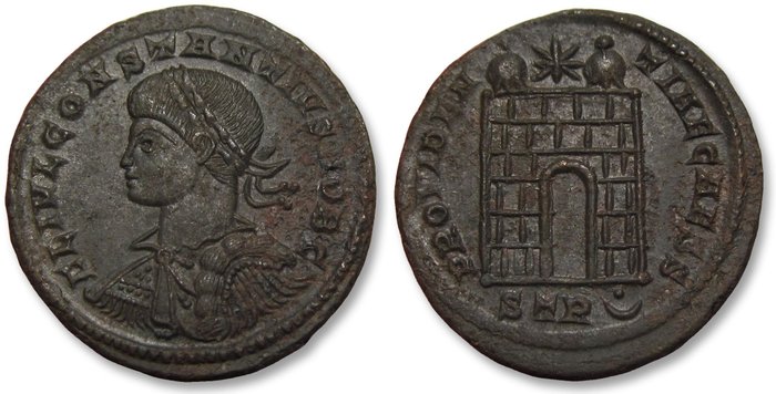 Romarriket. Constantius II as Caesar under his father Constantine I. Follis Treveri (Trier) mint circa 326 A.D. - mintmark STR(pellet in crescent) -