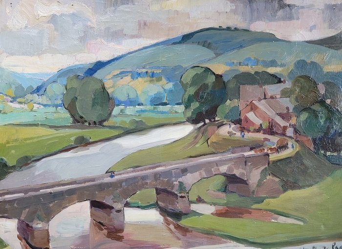 Edmond Delsa (1875-1955) - Pont et village de Hampteau