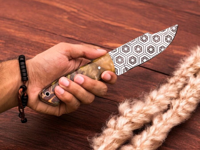 Unique Designed Collector's Knife Handmade Skinner Knife Steel Etched Blade Skinner with pine Cone - Bordkniv - Stål, Fyrrekogle  rustfrit stål  læderskede