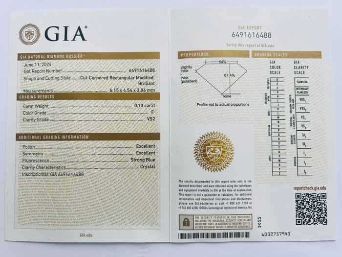 1 pcs Diamant  (Natur)  - 0.73 ct - Radiant - F - VS2 - Gemological Institute of America (GIA) - *EX*