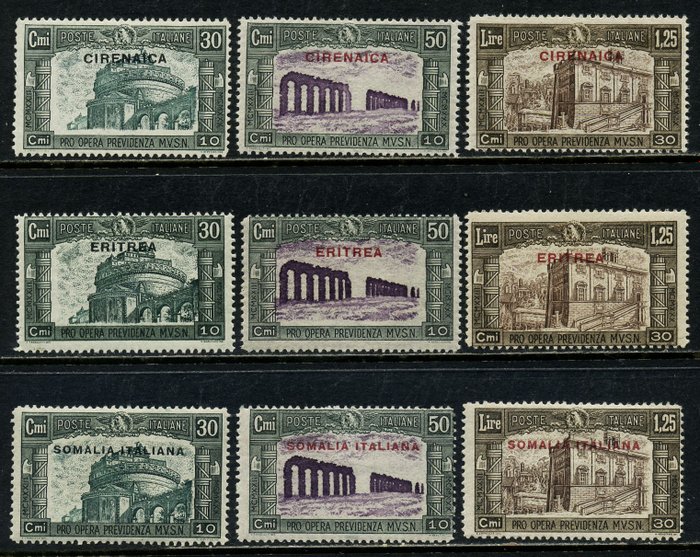 Cyrenaica/Eritrea/Somalia 1930 - Militia III-udgave, 3 sæt med 3 værdier hver. Katalog €1200