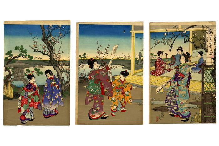 'Young Ladies at Play in Early Spring' 初春少女の戯 - 1891 (Meiji 24) - Toyohara Yōshū Chikanobu 楊洲周延 (1838-1912) - Japan