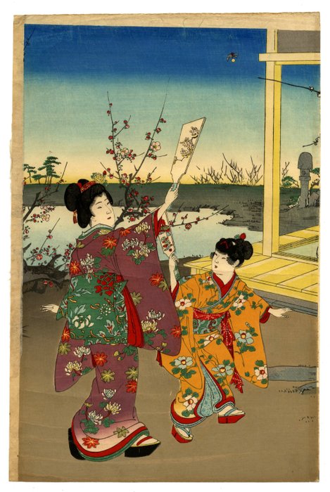 'Young Ladies at Play in Early Spring' 初春少女の戯 - 1891 (Meiji 24) - Toyohara Yōshū Chikanobu 楊洲周延 (1838-1912) - Japan