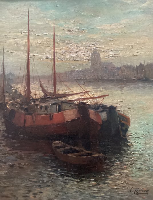 Kees Terlouw (1890-1949) - Lastensegler im abendlichen Hafen